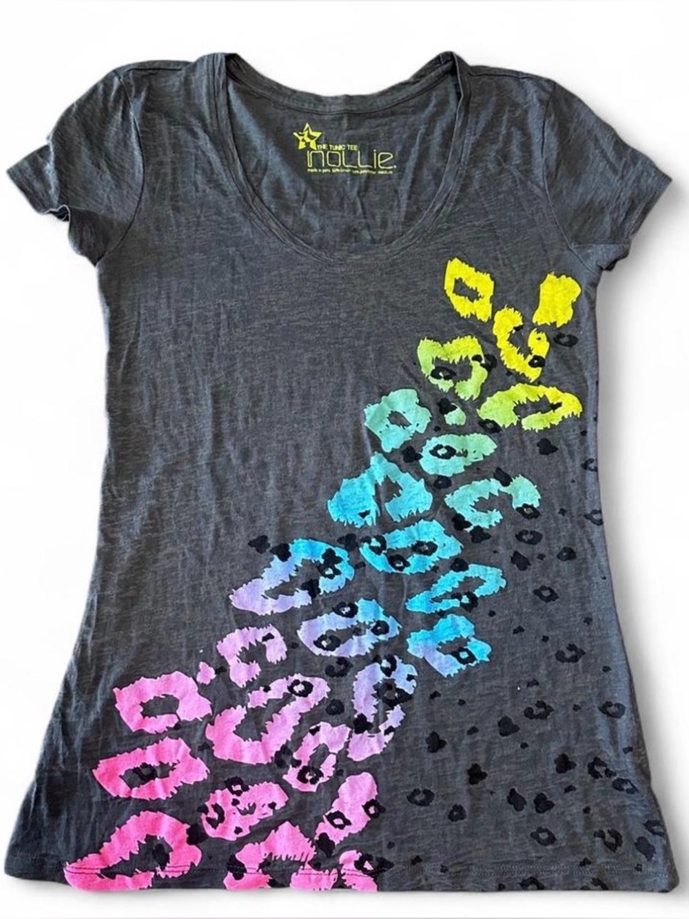 Y2K 2010s Nollie Gray Scoop Neck Tee with Neon Rainbow Leopard Print